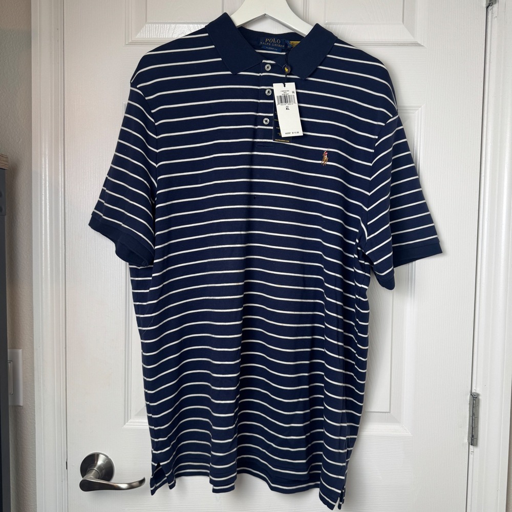 Polo Ralph Lauren NEW Classic Fit Striped Polo Shirt XL Navy Blue White FLAW